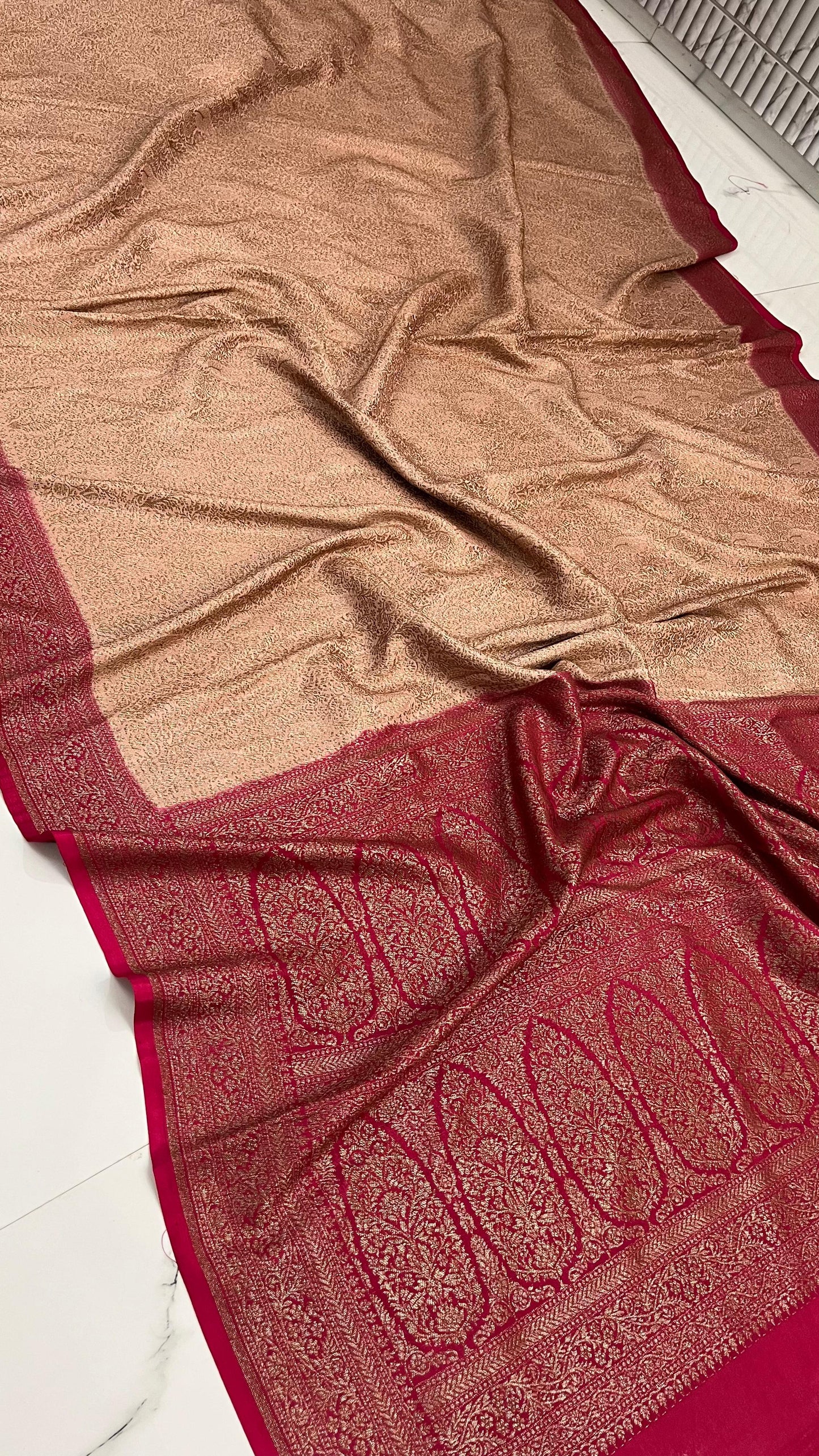 Peach N Pink Brocade Banarasi Pure Crepe Chiffon Saree