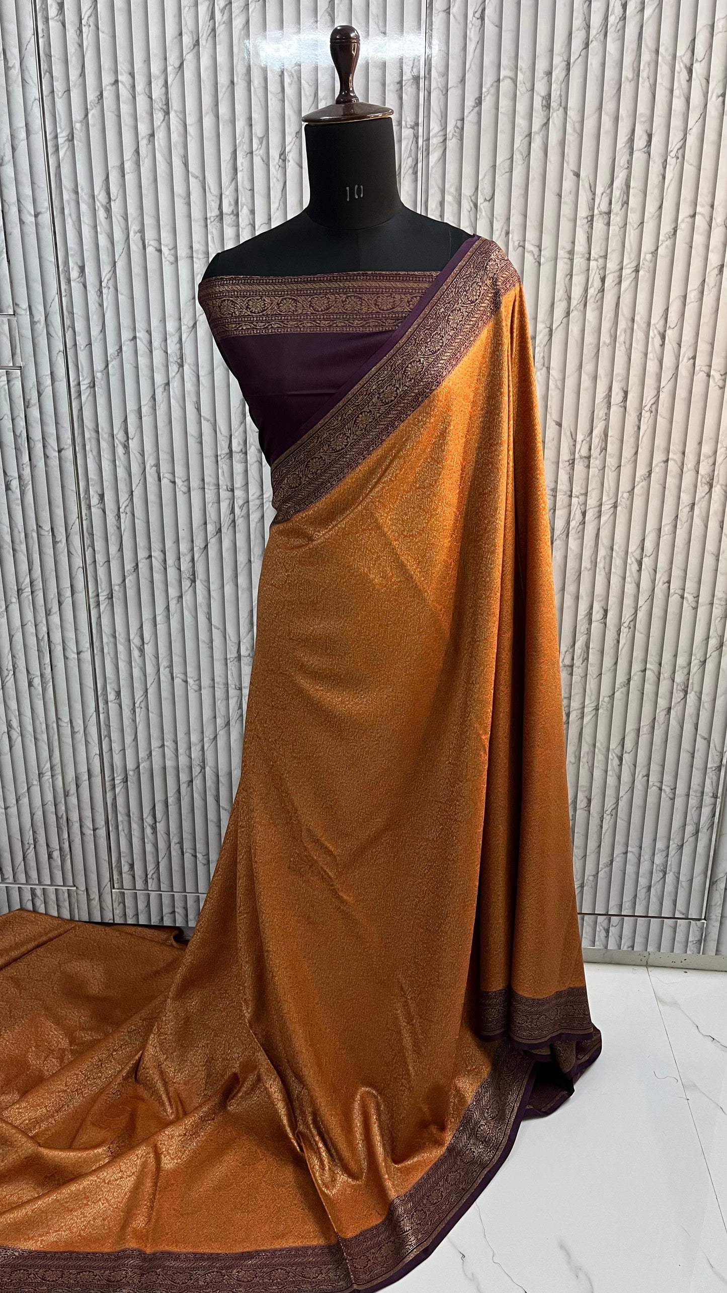 Orange N Brown Brocade Banarasi Pure Crepe Chiffon Saree