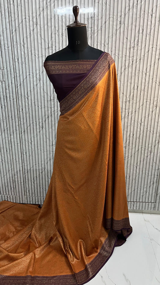 Orange N Brown Brocade Banarasi Pure Crepe Chiffon Saree