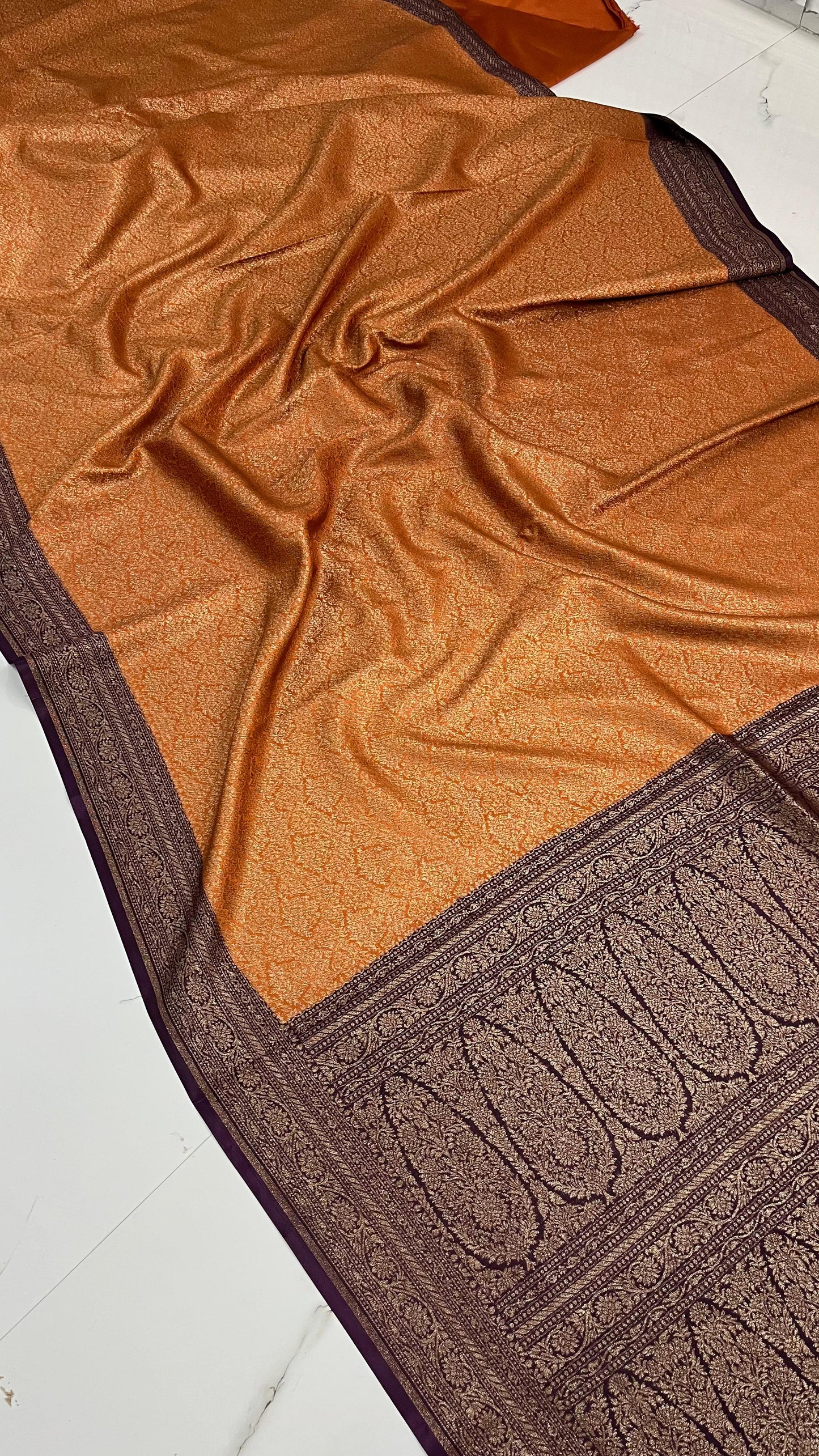 Orange N Brown Brocade Banarasi Pure Crepe Chiffon Saree