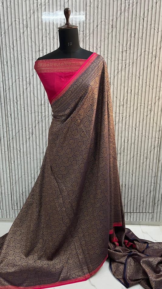 Navy Blue N Pink Brocade Banarasi Pure Crepe Chiffon Saree