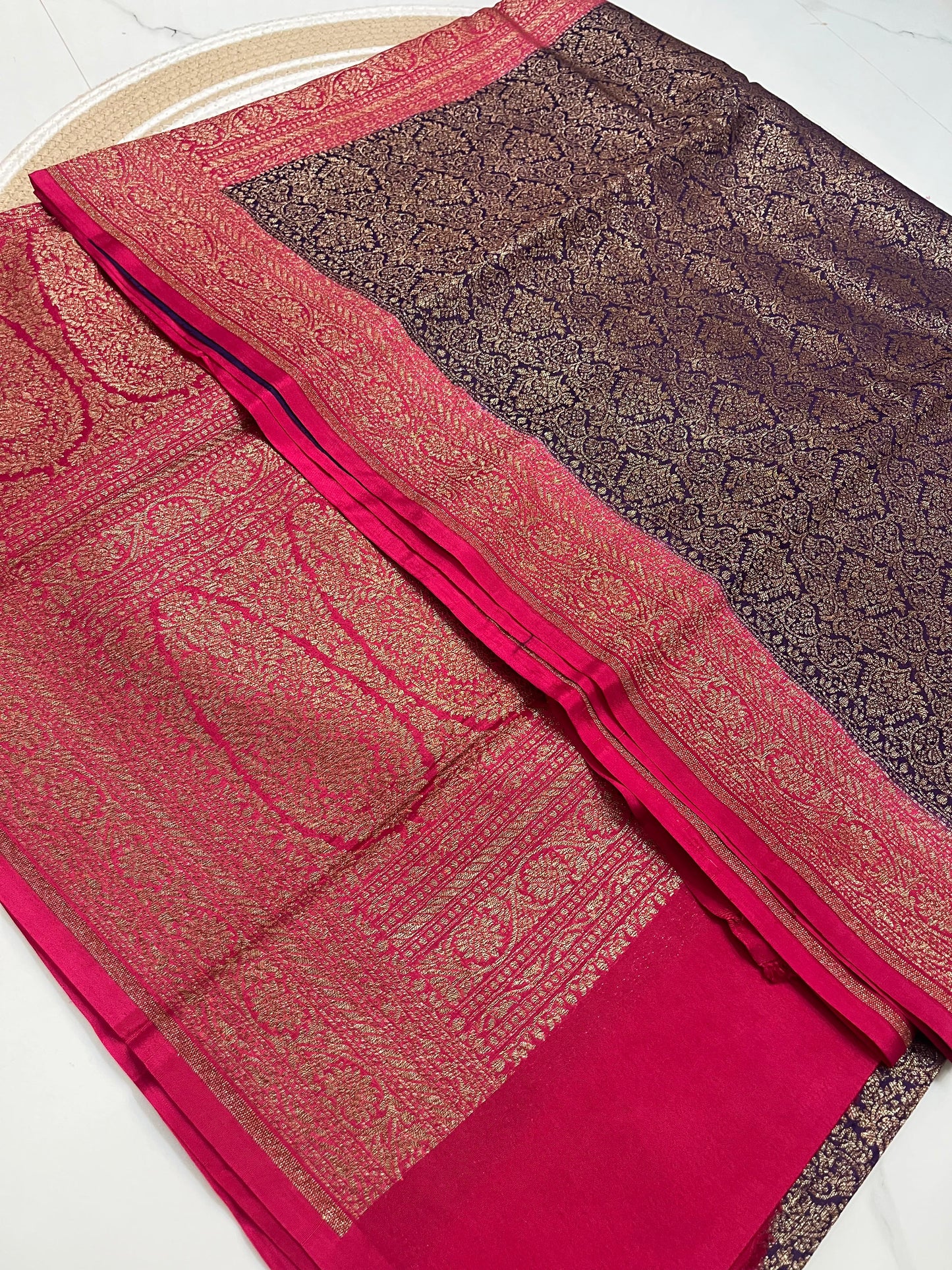 Purple N Pink Brocade Banarasi Pure Crepe Chiffon Saree