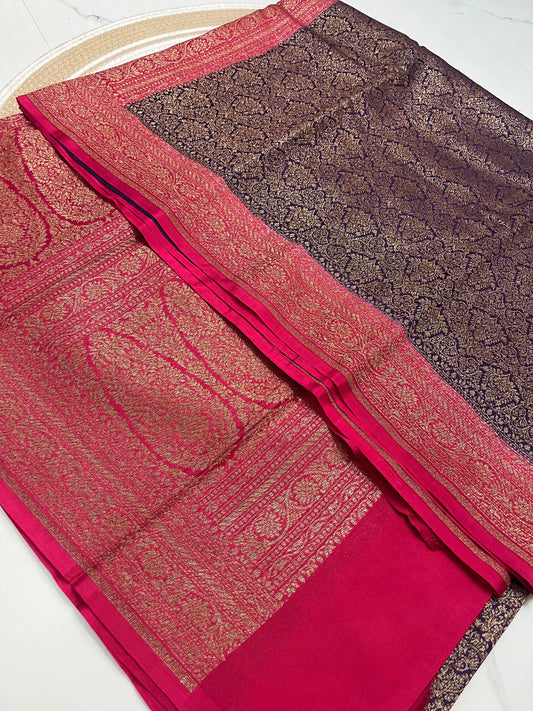 Purple N Pink Brocade Banarasi Pure Crepe Chiffon Saree