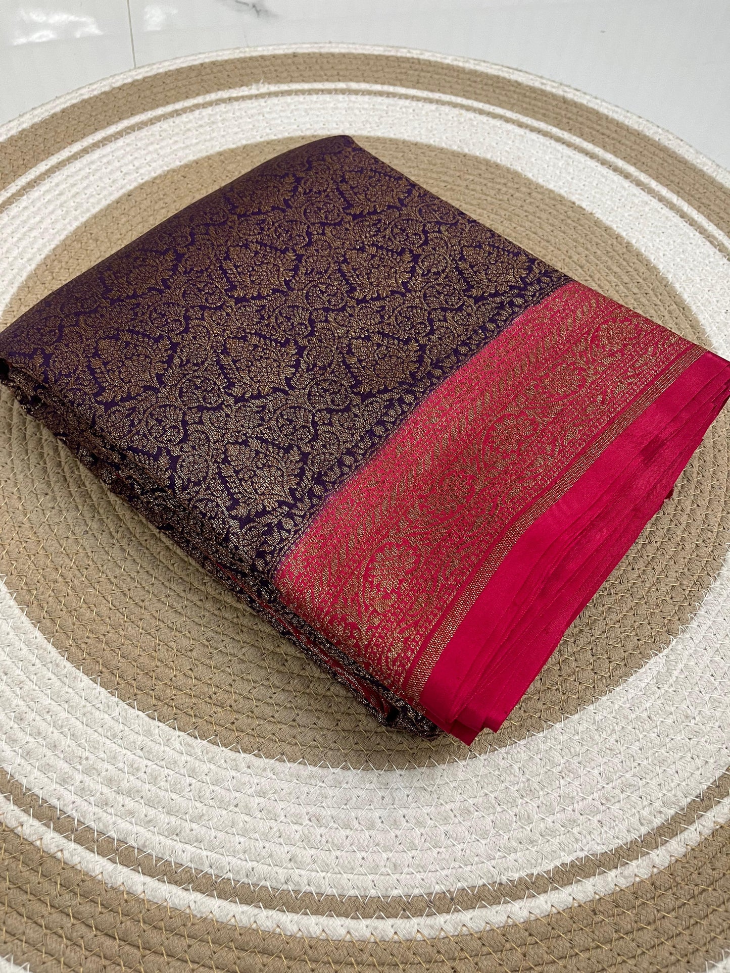 Purple N Pink Brocade Banarasi Pure Crepe Chiffon Saree