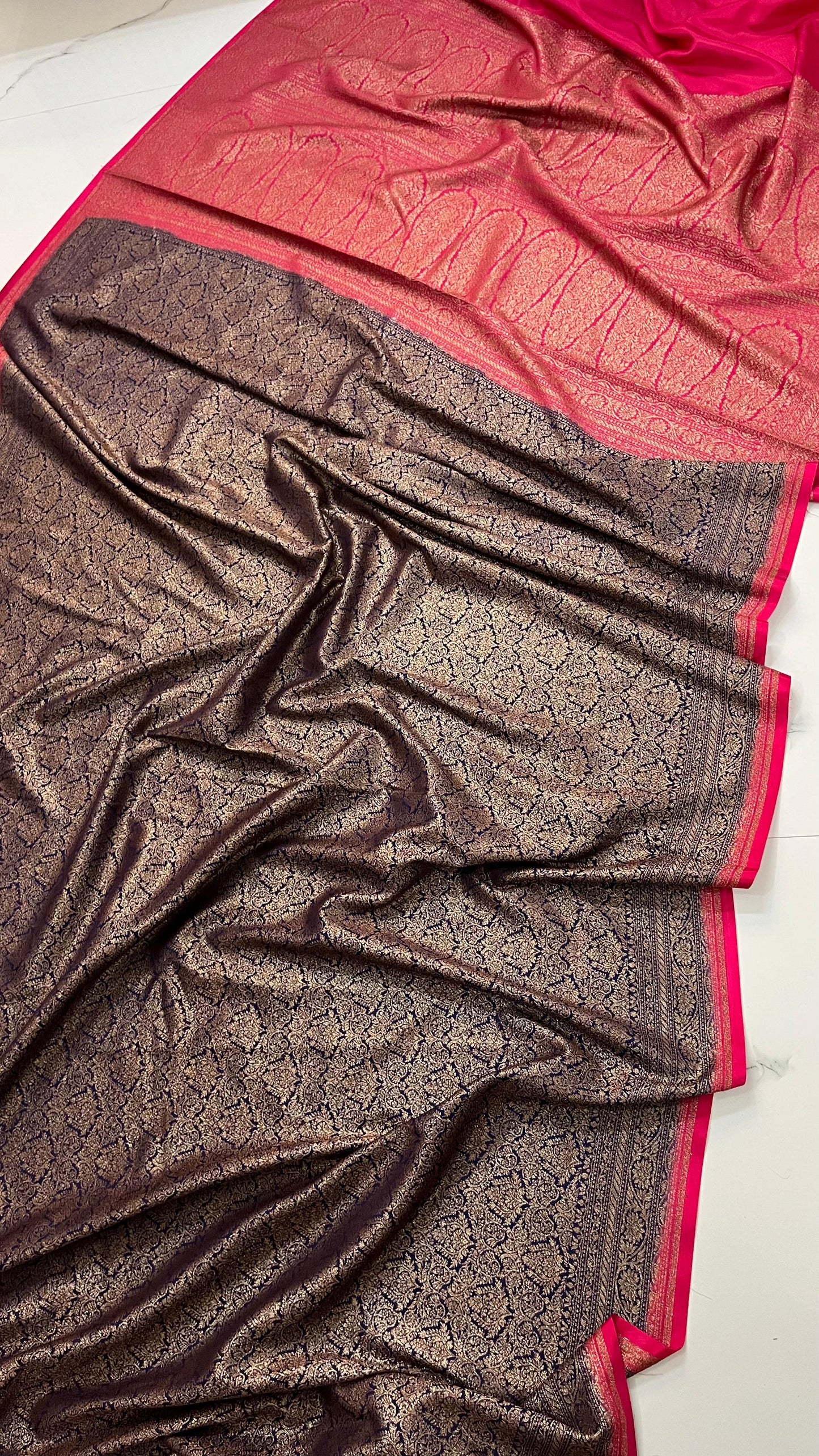Navy Blue N Pink Brocade Banarasi Pure Crepe Chiffon Saree