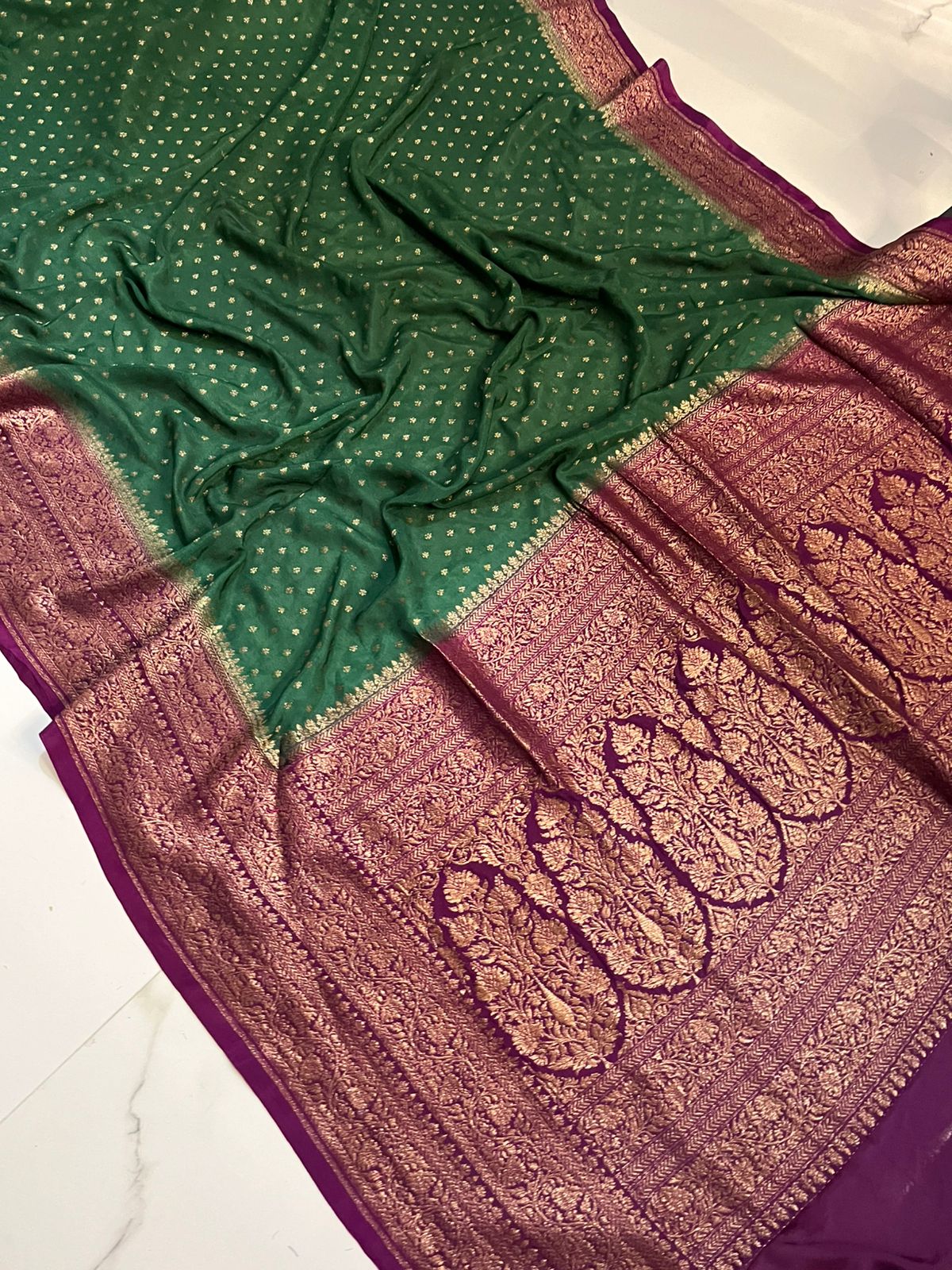 Green N Purple Butta Banarasi Pure Crepe Chiffon Saree