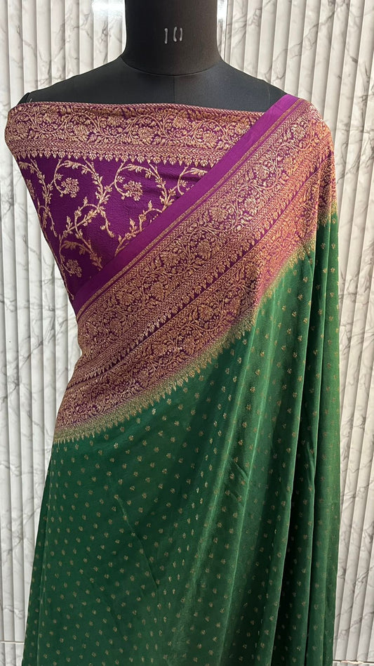 Green N Purple Butta Banarasi Pure Crepe Chiffon Saree
