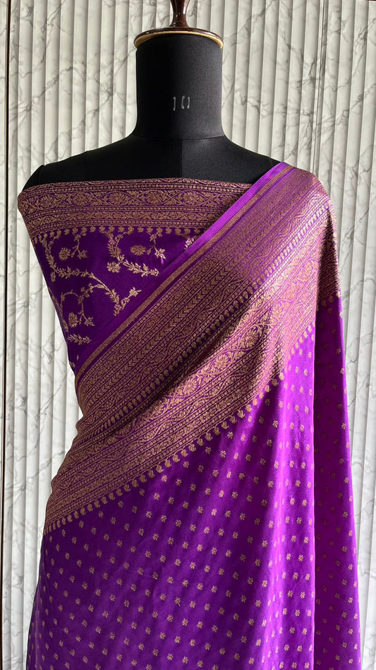 Purple N Pink Butta Banarasi Pure Crepe Chiffon Saree