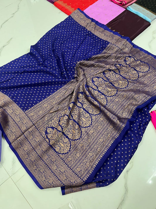Blue Butta Banarasi Pure Crepe Chiffon Saree