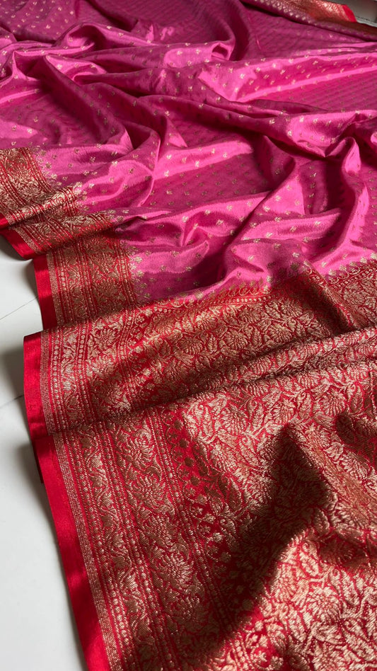 Pink N Red Butta Banarasi Pure Crepe Chiffon Saree