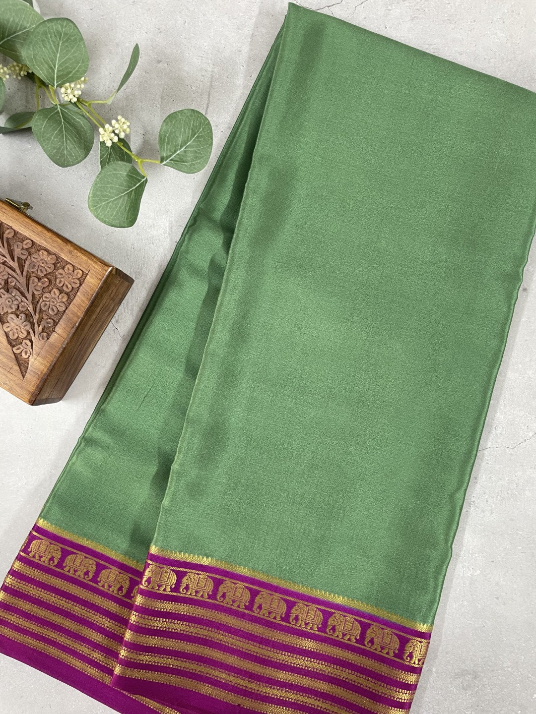 Green N Purple Pure Mysore Crepe Silk Saree