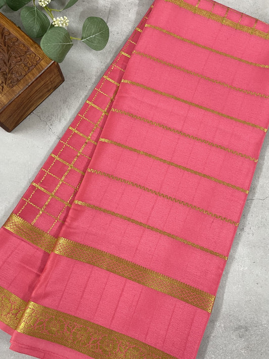 Peach Stripes N Checks Rich Pallu Pure Mysore Crepe Silk Saree