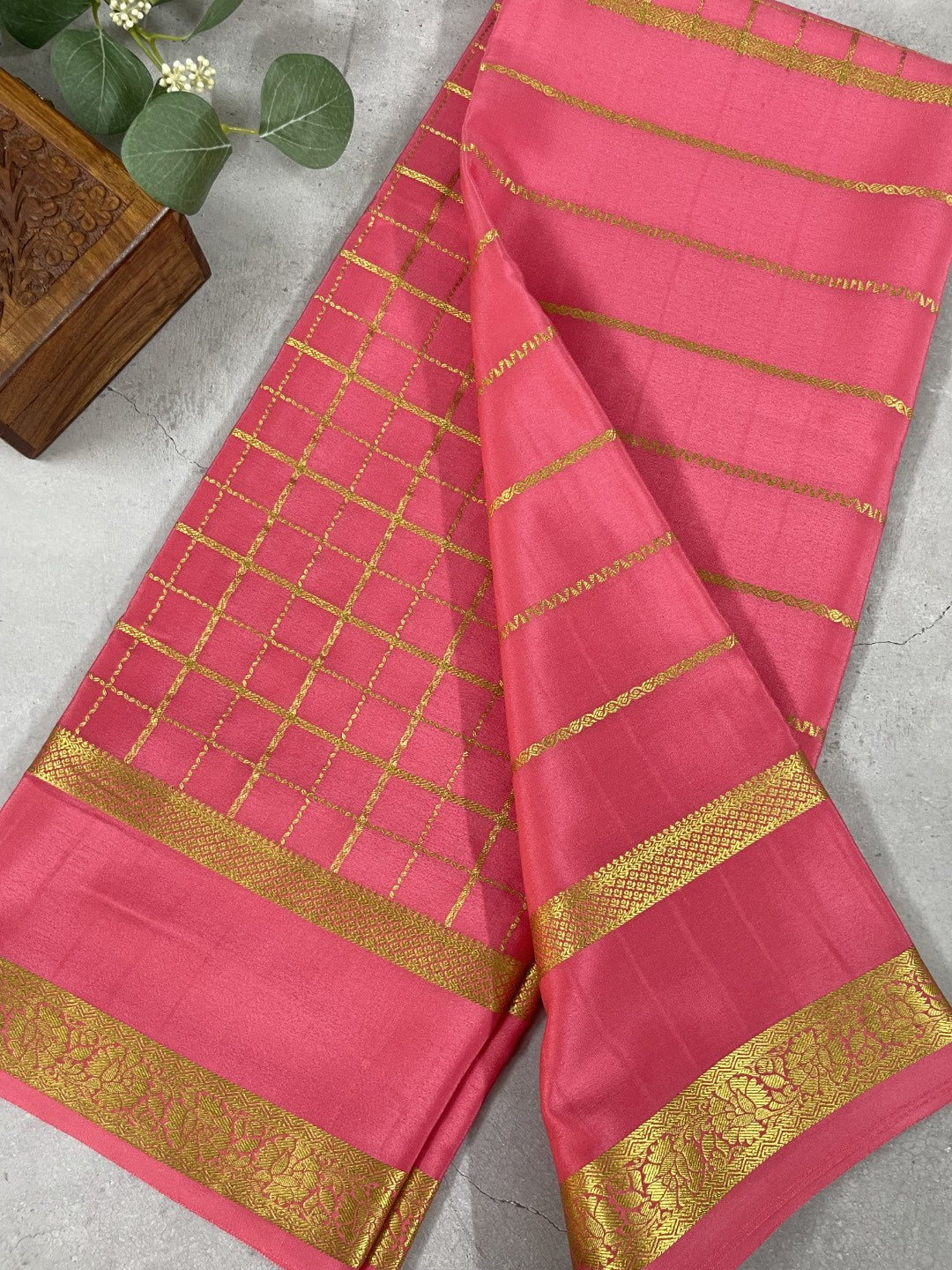 Peach Stripes N Checks Rich Pallu Pure Mysore Crepe Silk Saree