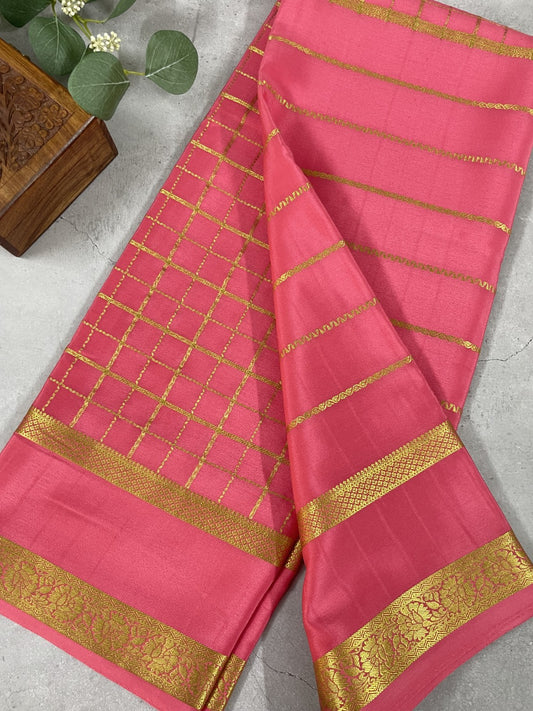 Peach Stripes N Checks Rich Pallu Pure Mysore Crepe Silk Saree