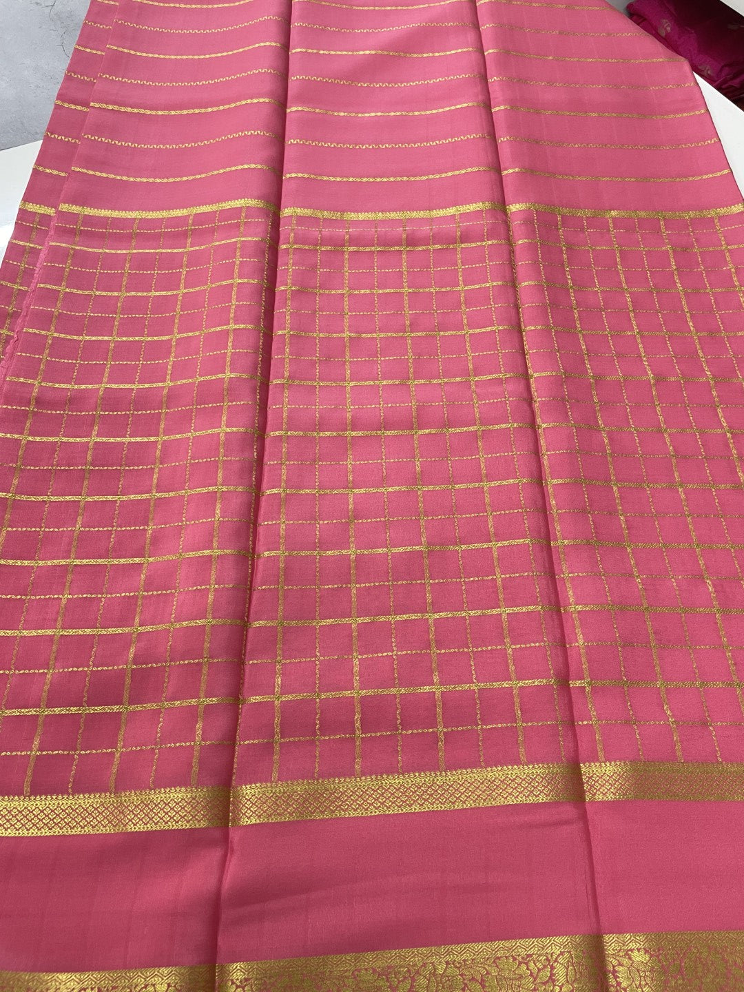Peach Stripes N Checks Rich Pallu Pure Mysore Crepe Silk Saree