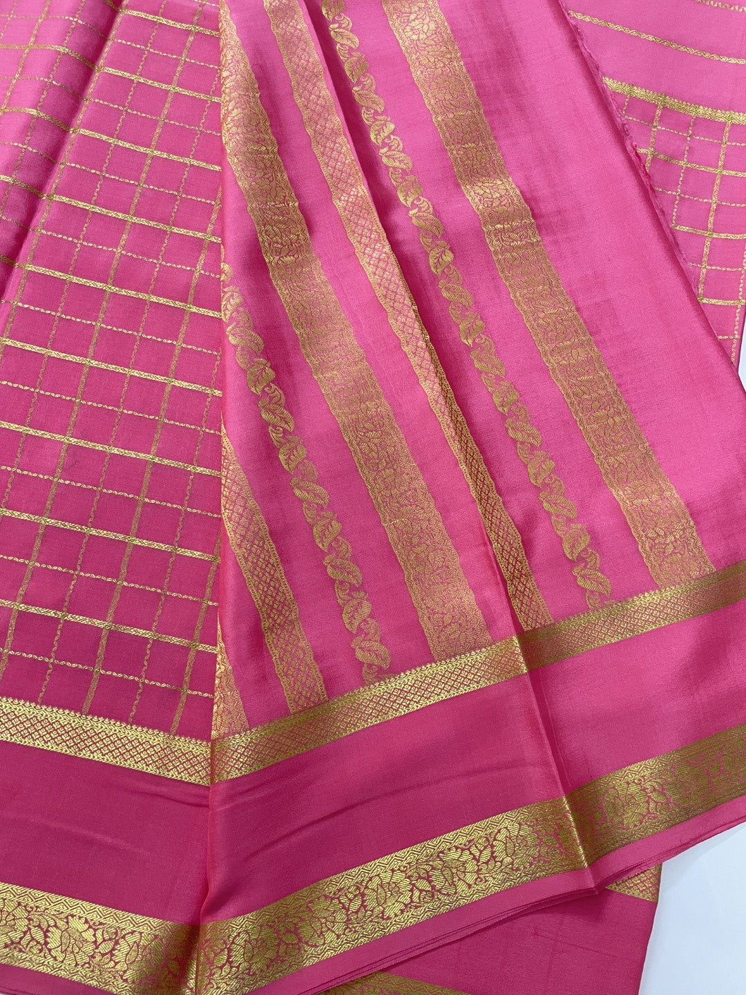 Peach Stripes N Checks Rich Pallu Pure Mysore Crepe Silk Saree