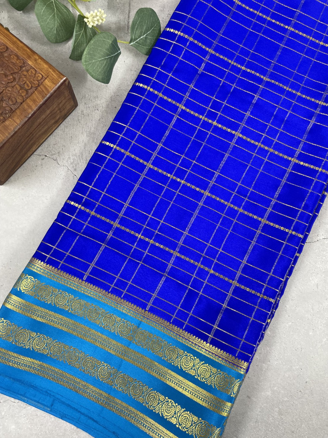 Blue Checks Pure Mysore Crepe Silk Saree