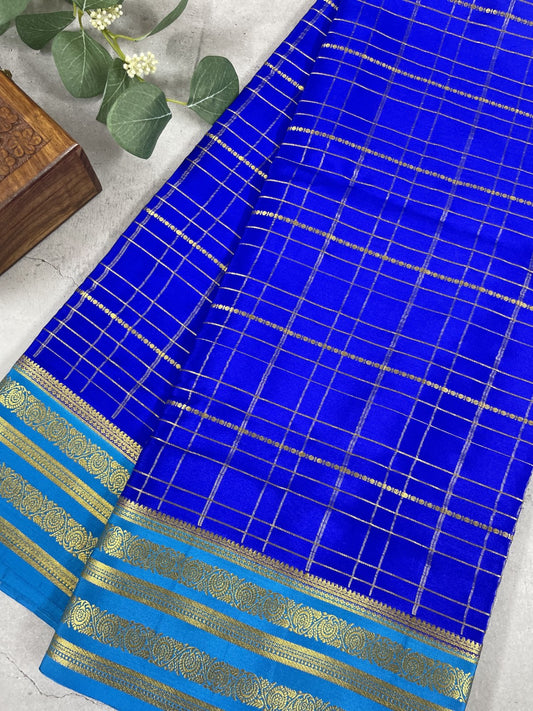 Blue Checks Pure Mysore Crepe Silk Saree