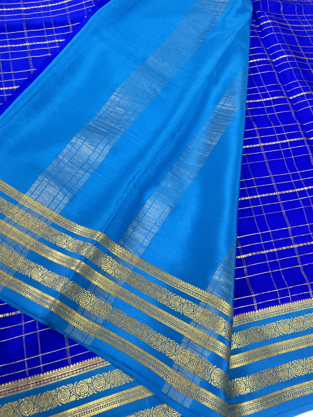 Blue Checks Pure Mysore Crepe Silk Saree