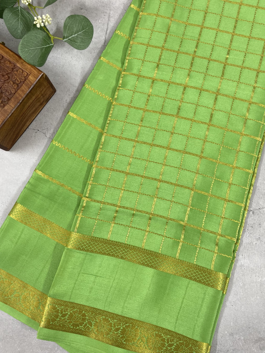 Green Checks N Stripes Pure Mysore Crepe Silk Saree