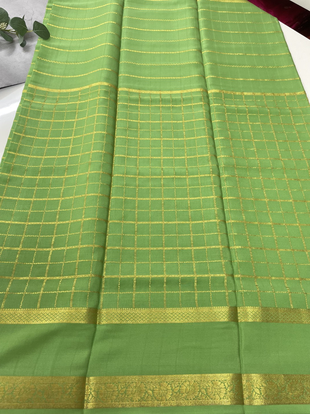Green Checks N Stripes Pure Mysore Crepe Silk Saree