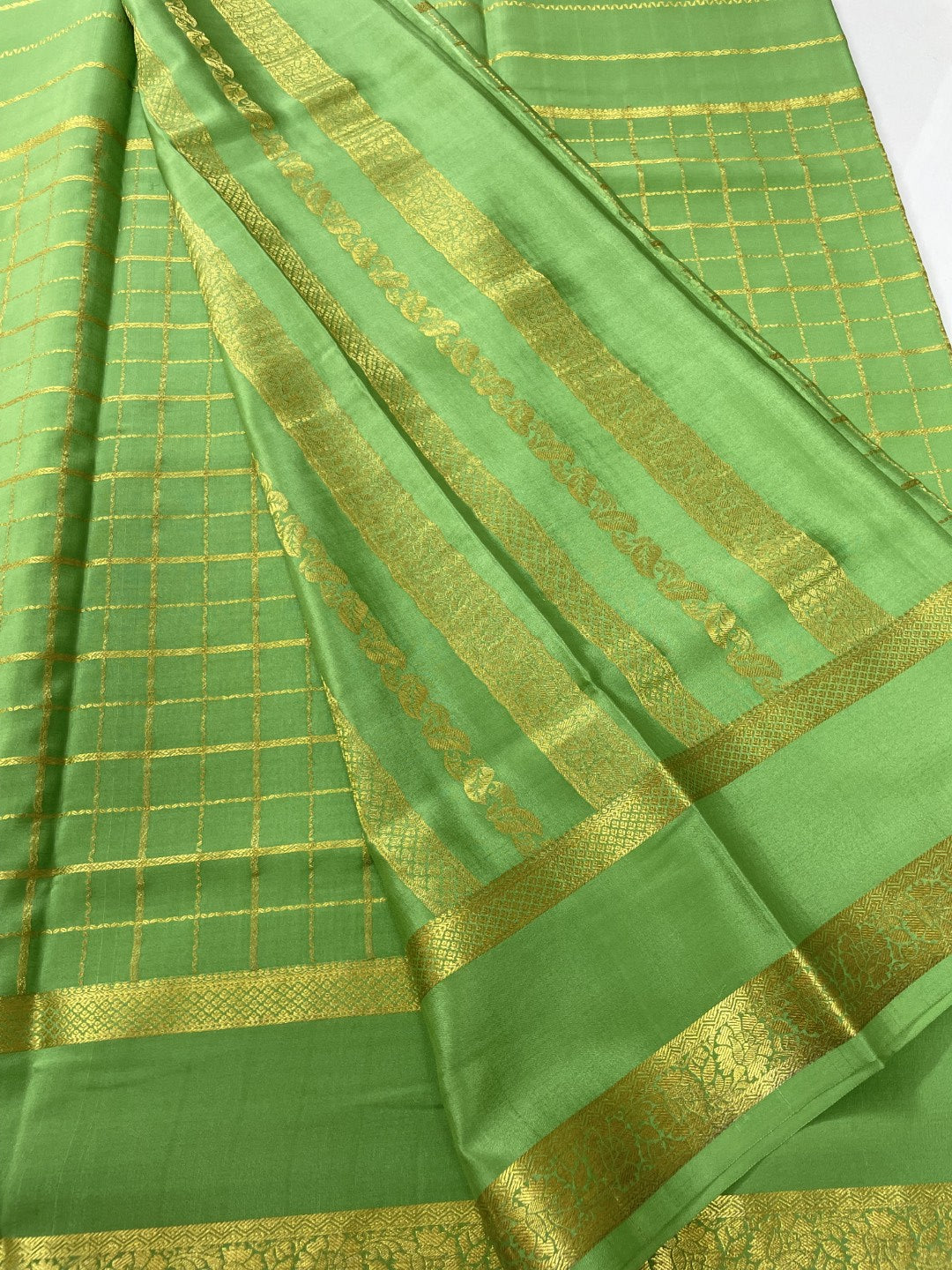 Green Checks N Stripes Pure Mysore Crepe Silk Saree