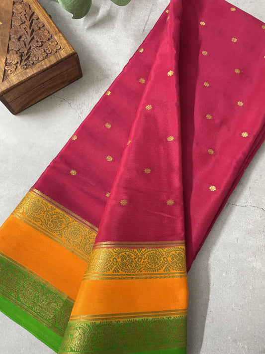 3D Rani Pink Pure Mysore Crepe Silk Saree