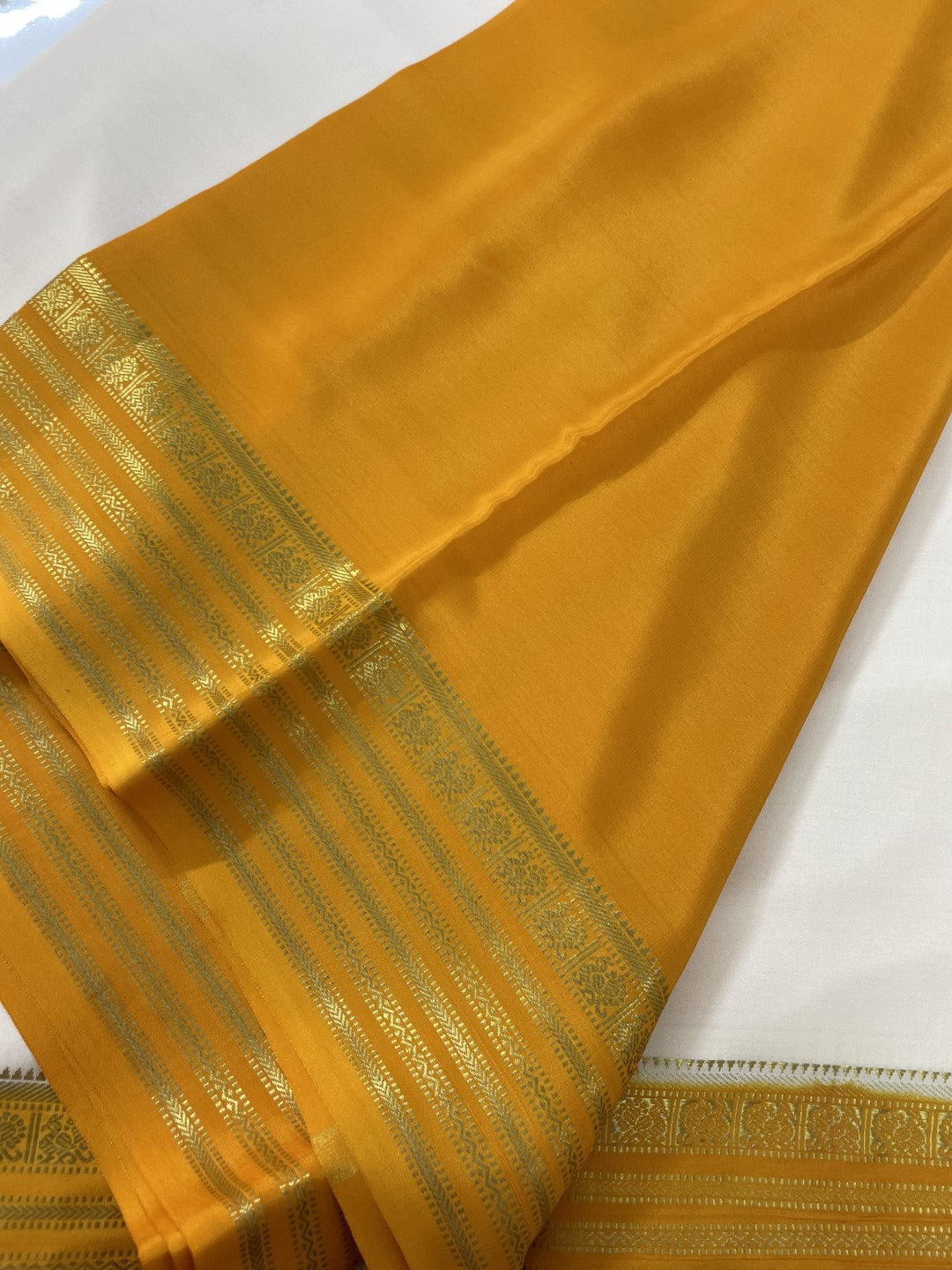 Off White N Mustard Pure Mysore Crepe Silk Saree