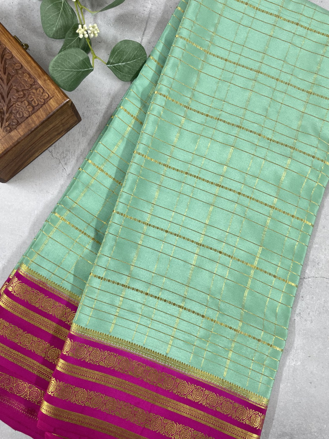 Pista Green N Magenta Pink Pure Mysore Crepe Silk Saree