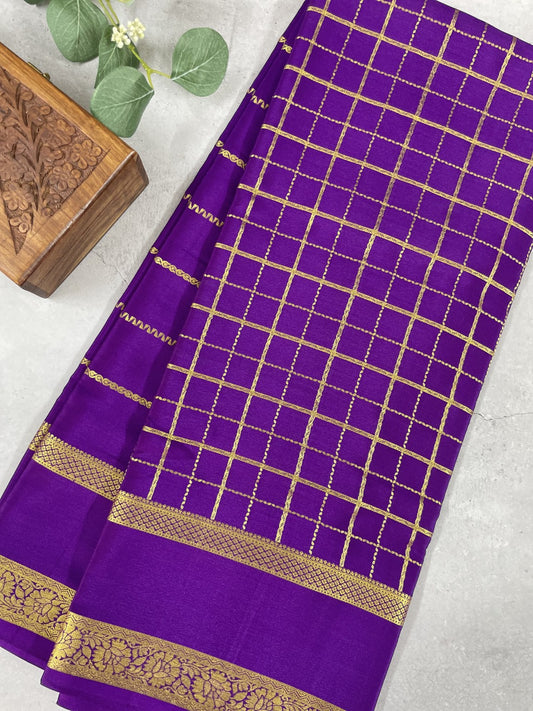 Purple Checks N Lines Pure Mysore Crepe Silk Saree
