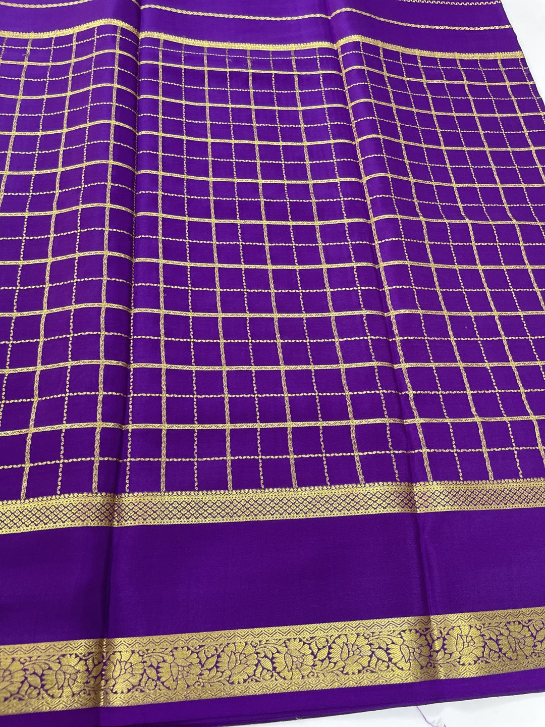 Purple Checks N Lines Pure Mysore Crepe Silk Saree