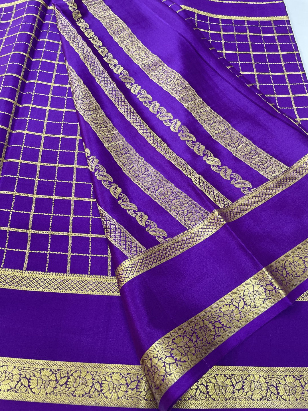 Purple Checks N Lines Pure Mysore Crepe Silk Saree