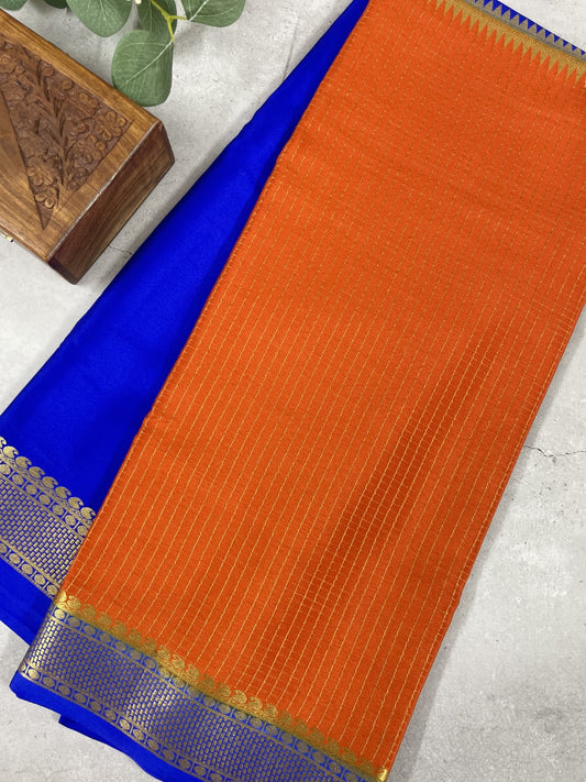 Orange N Blue Half N Half Checks Pure Mysore Crepe Silk Saree
