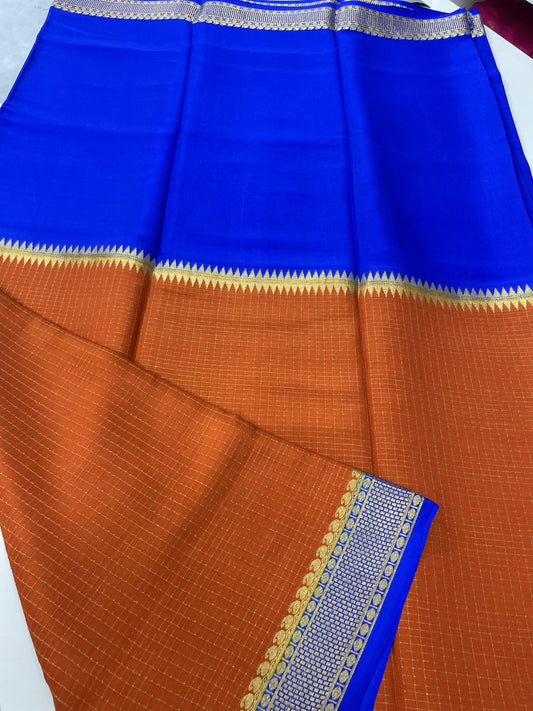 Orange N Blue Half N Half Checks Pure Mysore Crepe Silk Saree