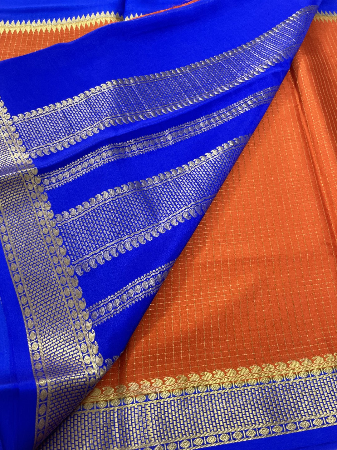 Orange N Blue Half N Half Checks Pure Mysore Crepe Silk Saree