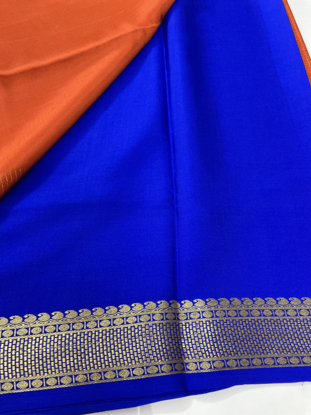 Orange N Blue Half N Half Checks Pure Mysore Crepe Silk Saree