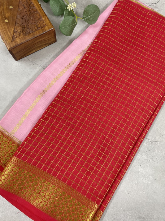 Pink N Red Half N Half Checks Pure Mysore Crepe Silk Saree