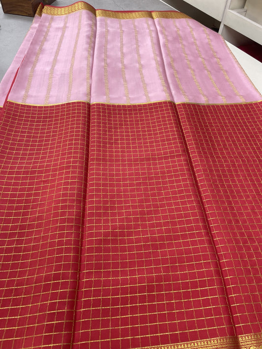Pink N Red Half N Half Checks Pure Mysore Crepe Silk Saree