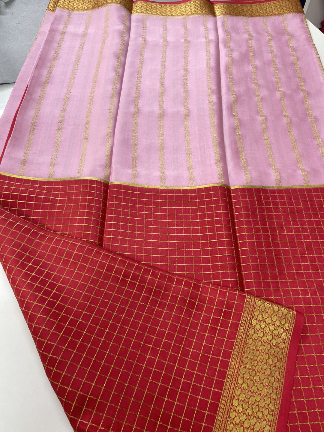 Pink N Red Half N Half Checks Pure Mysore Crepe Silk Saree