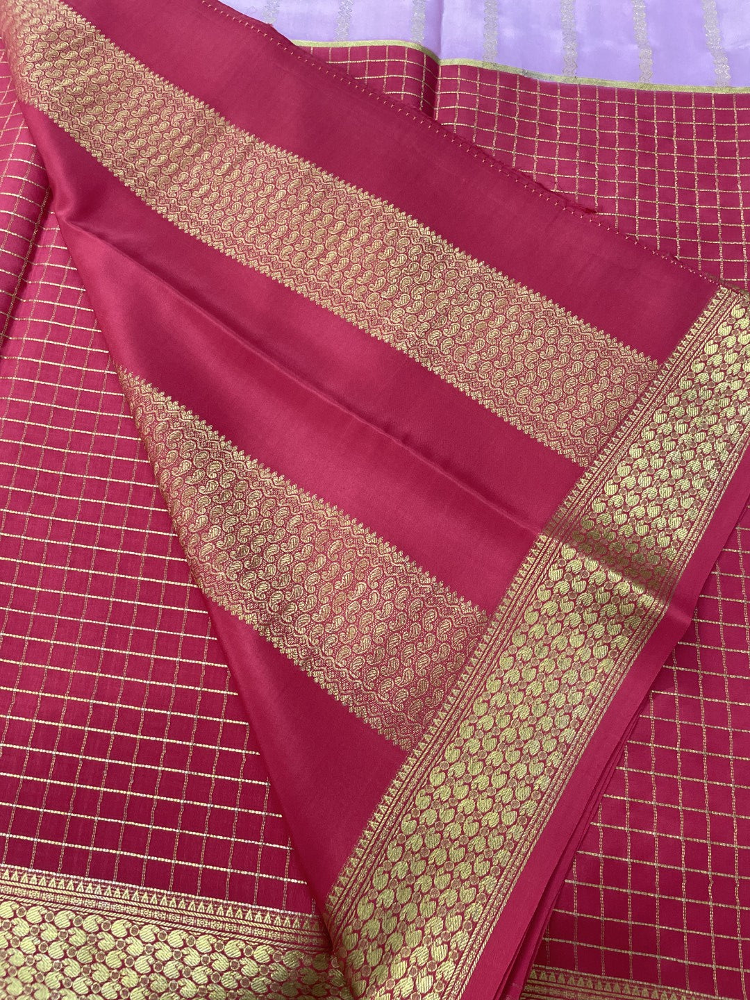 Pink N Red Half N Half Checks Pure Mysore Crepe Silk Saree