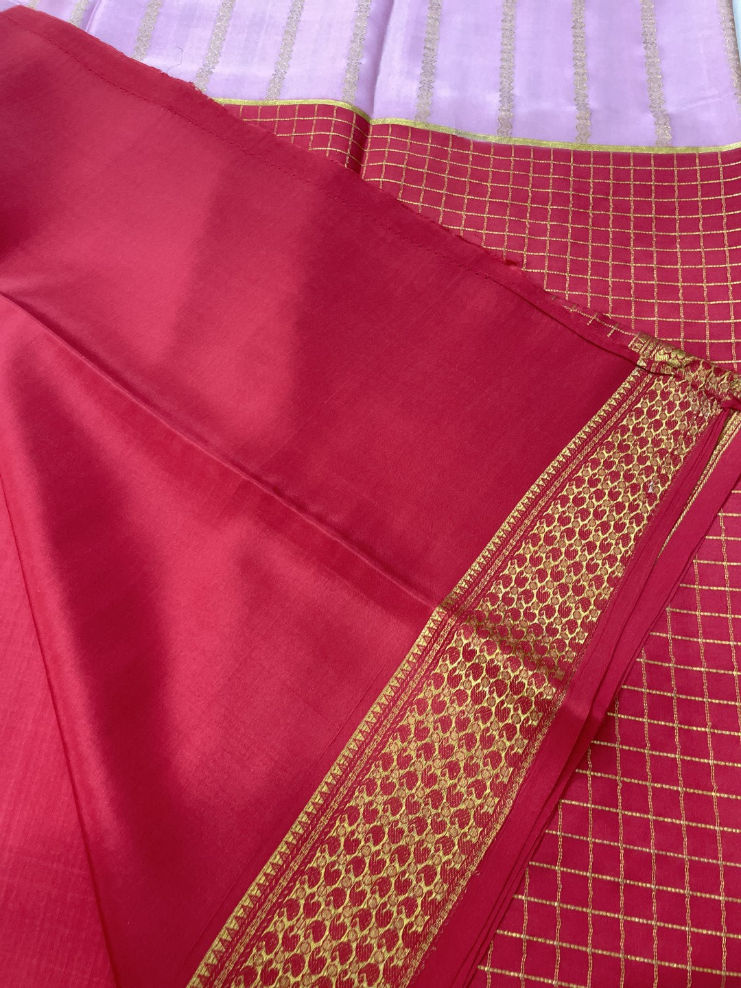 Pink N Red Half N Half Checks Pure Mysore Crepe Silk Saree