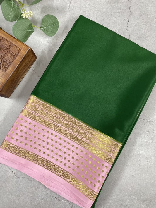 Green N Baby Pink Pure Mysore Crepe Silk Saree