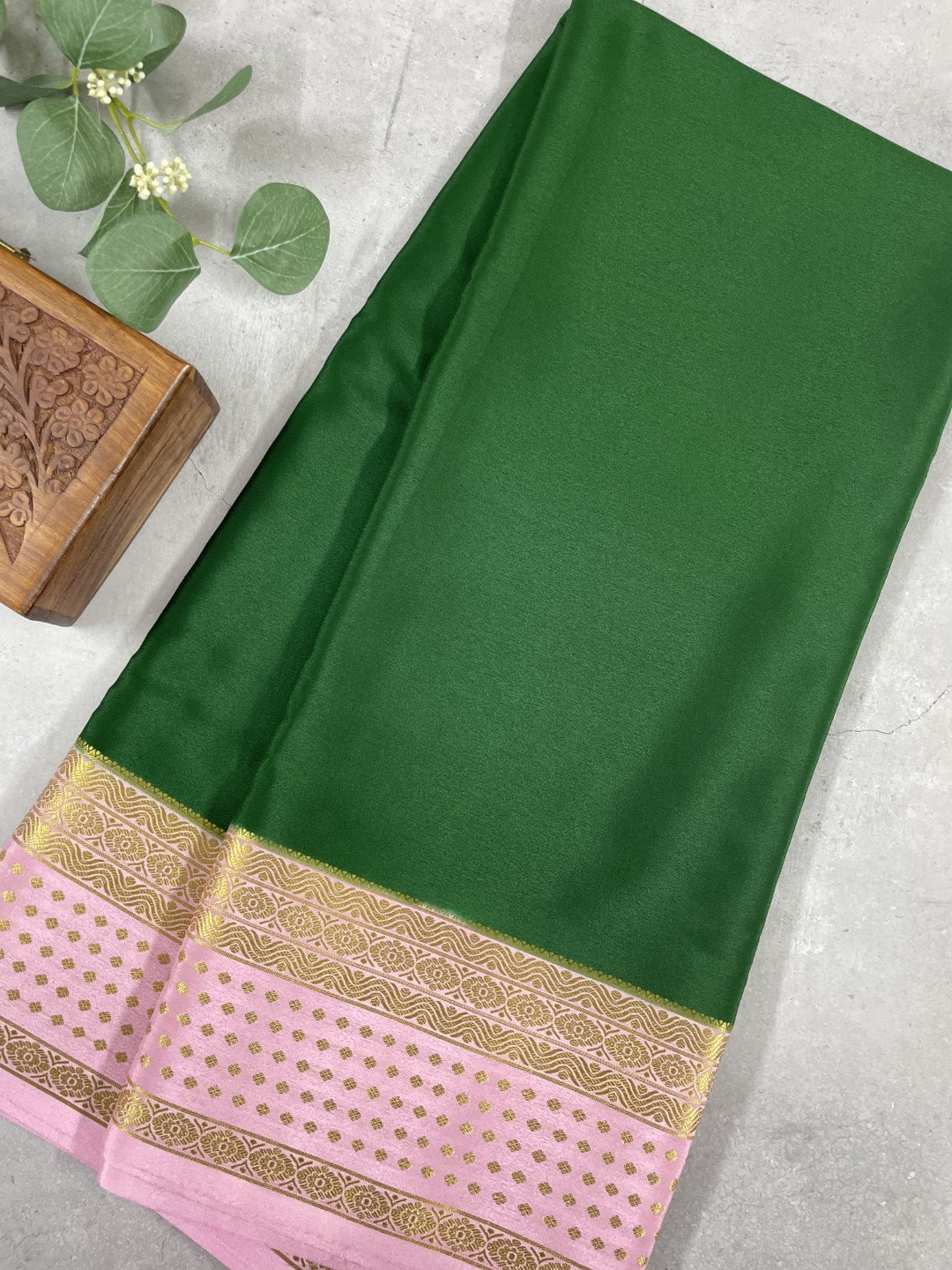 Green N Baby Pink Pure Mysore Crepe Silk Saree