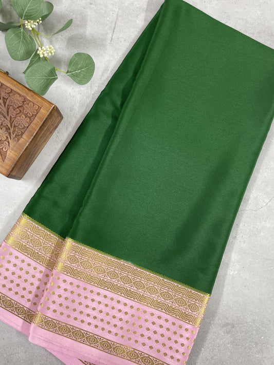 Green N Baby Pink Pure Mysore Crepe Silk Saree