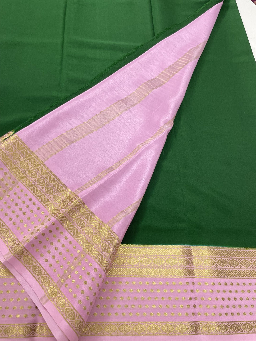 Green N Baby Pink Pure Mysore Crepe Silk Saree