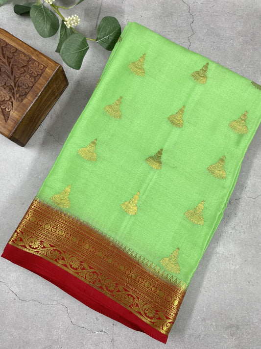 Green N Red Jumka Pure Mysore Crepe Silk Saree