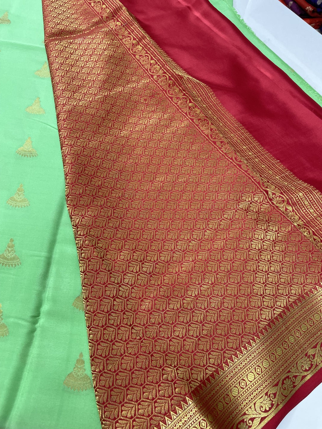 Green N Red Jumka Pure Mysore Crepe Silk Saree