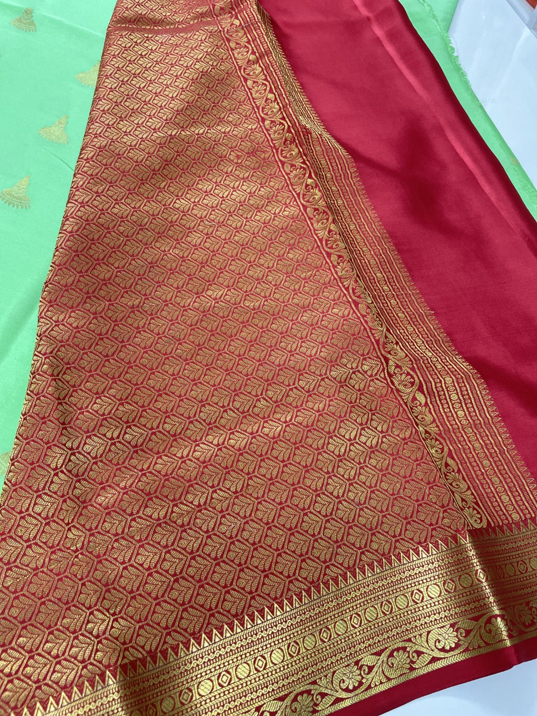 Green N Red Jumka Pure Mysore Crepe Silk Saree