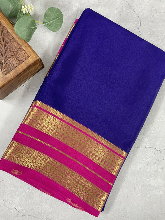 Blue N Pink Pure Mysore Crepe Silk Saree