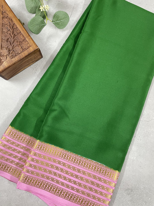 Green N Baby Pink Pure Mysore Crepe Silk Saree